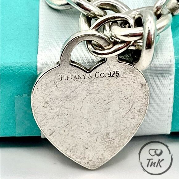 Tiffany & Co. Blank Heart Tag Charm Bracelet 8" Sterling Silver Round Link - Picture 5 of 14